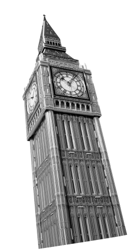 Big Ben in grayscale, representing the timeless reliability of Bancoli's Global Business Account.