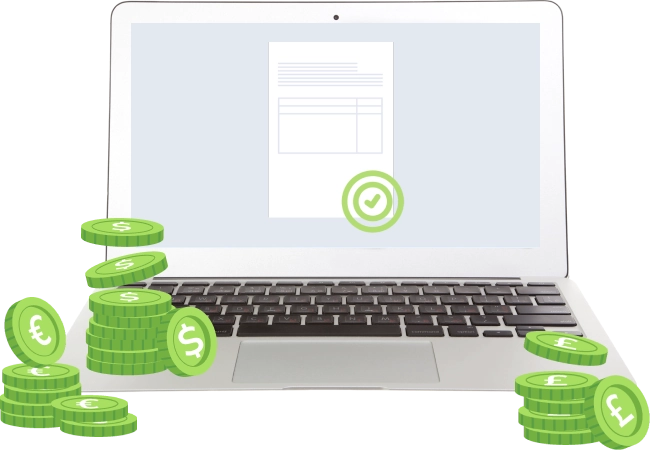 Laptop with a display of Bancoli's bulletproof invoicing feature, encircled by green coins.