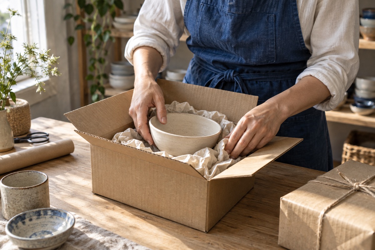 Illustrative image of a business owner packing a ceramic order in a sunlit studio.