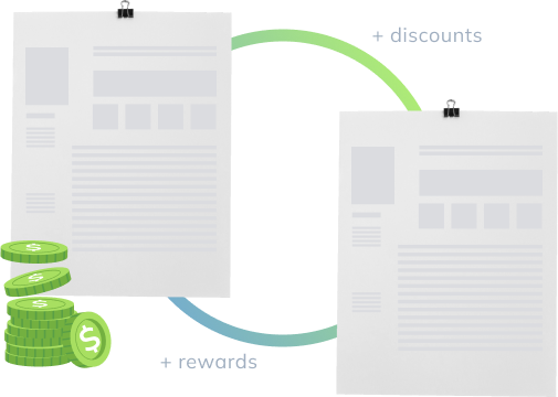 Two invoices surrounded by green coins. Represents eliminating processing fees and maximizing cash flow with guaranteed invoices.