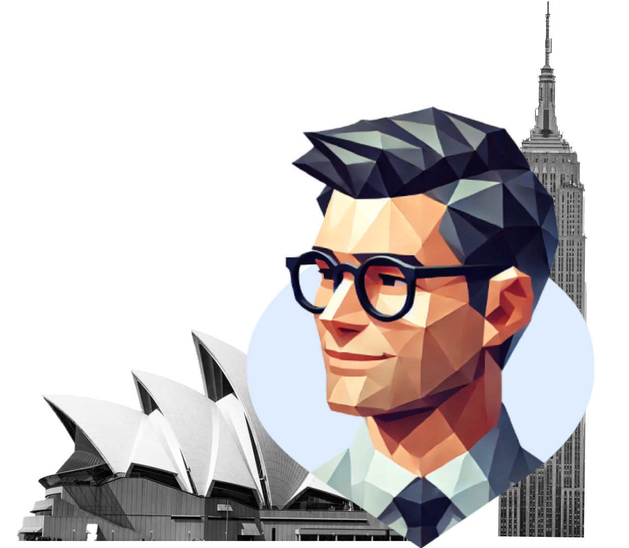 Eric, Bancoli's AI, in a suit with the Sydney Opera House and Empire State Building in the background, symbolizing global business connectivity.