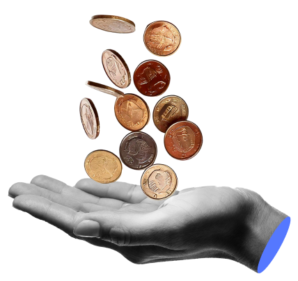 Black and white hand catching colorful floating coins, representing secure and easy payment transfers across currencies.