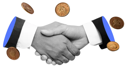 Apretones de manos en blanco y negro con resaltados azules en las mangas y monedas flotantes, simbolizando confianza y relaciones sólidas con los proveedores.