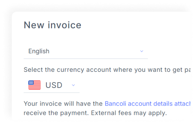 Preview of the multi-currency invoicing tool, allowing users to select the invoice currency for payment processing.