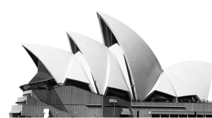 Sydney Opera House in grayscale, symbolizing global reach and cultural diversity of Bancoli's Global Business Account.