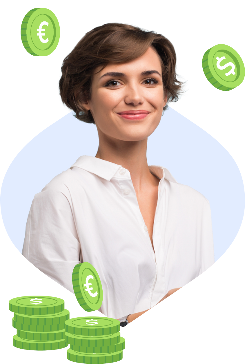 Retrato de una mujer profesional sonriendo con confianza, con símbolos de las divisas euro y dólar flotando alrededor, representando la dedicación de Bancoli a facilitar pagos internacionales eficientes