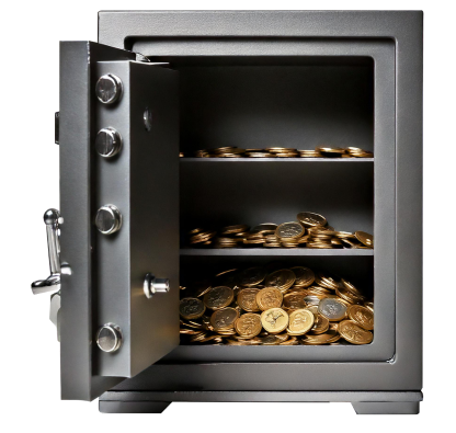 Open vault filled with coins, symbolizing the safety of your funds.