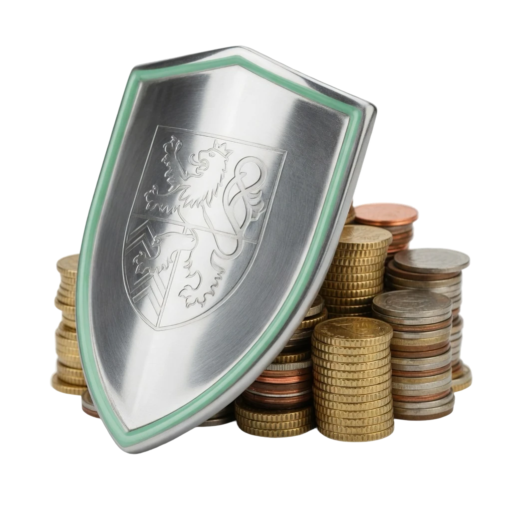 Silver shield with a mint-green rim standing in front of stacked gold and copper coins, representing ACH fraud control.