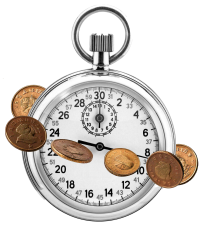 Stopwatch surrounded by floating coins, representing automation and efficiency with Bancoli AI.