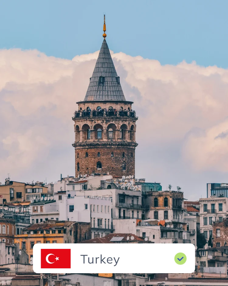 Stone medieval tower above Istanbul's rooftops, with a Turkish flag icon and a green checkmark confirming location.