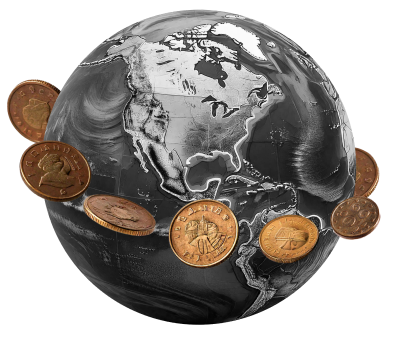 Black and white globe surrounded by floating coins, symbolizing global banking access with multiple currencies.