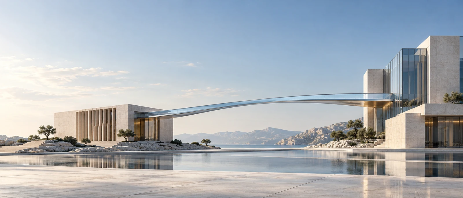 Architectural landscape connected by silver-blue glass ribbons.
